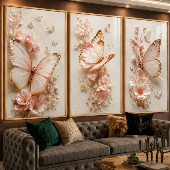Quadros Decorativos Borboletas Rosa e Ouro Metálico com Efeito Relevo 3D: Arte Botânica de Luxo com Flores Delicadas