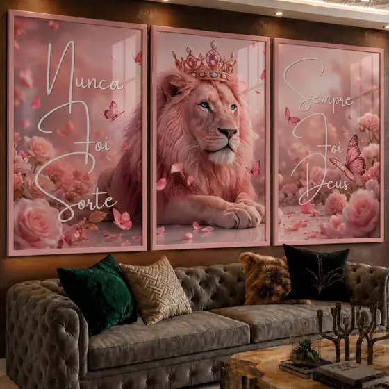 Kit 3 Quadros Decorativos Religiosos Leoa Rosa com Coroa Nunca Foi Sorte Sempre Foi Deus Borboletas e Flores Feminino