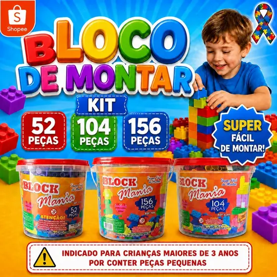Blocos De Montar 52/104/156 Peças Coloridas Brinquedo Educativo Para Crianças Maiores De 3 Anos Presente Infantil