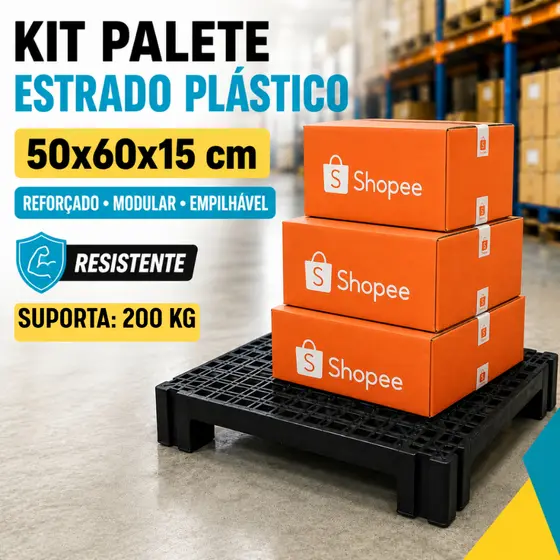 Kit 4 Palete Estrado Piso Plástico Reforçado Modular Empilhavel 50x60x15cm Preto Resistente Pallet Grande