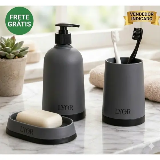 Kit 3 Peças Porta Sabonete Líquido e Escovas Luxo Lyor Porta Sabonete Líquido Dispenser e Porta Escovas Premium