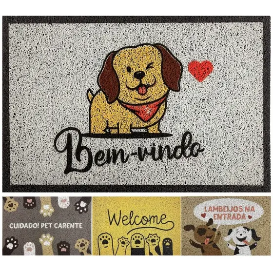 Tapete Capacho Porta Entrada Cachorro Cão Cachorrinhos Pet Bem Vindo Welcome Lambeijos Antiderrapante Kapazi 40x60cm