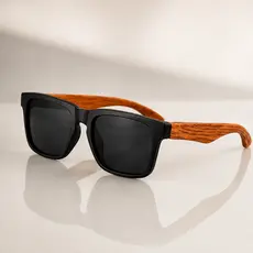 Óculos de Sol Masculino Quadrado Preto com Haste Efeito Madeira, Estilo Premium