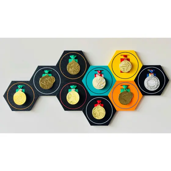 Porta Medalhas Modular Colmeia ABS 11x13cm | Suporte Expansível p/ Parede – Corrida e Esportes