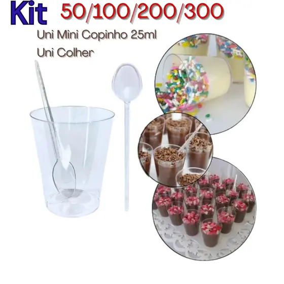 Kit 50/100/200/300 Copinho 25ml Com Colher Acrílico Mouse Doce Brigadeiro Festa Aniversário Eventos