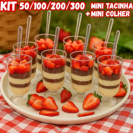 Kit 50/100/200/300 Mini Tacinha 30ml Colher Acrílico Doce Brigadeiro Festa Aniversário Sobremesa