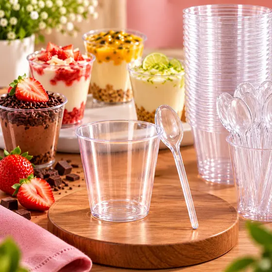 Kit Mini Copinho 25ml Com Mini Colher Acrílico Cristal Brigadeiro Doce Festa Aniversário Mouse