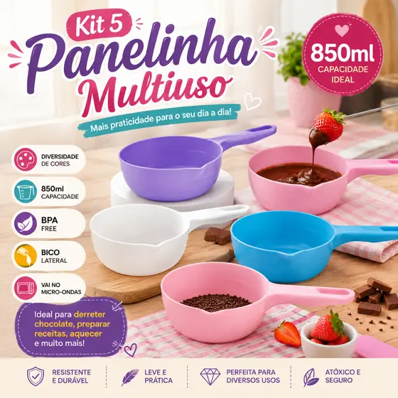 Kit 5 Panelinha Multiuso Confeitaria Para Doces Derreter Chocolate 850ml Várias Cores Microondas