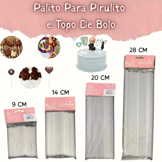 Palito Pirulito Canudo Cristal Transparente Tubo Topo De Bolo Aniversário Tamanhos 9/14/20/28 cm