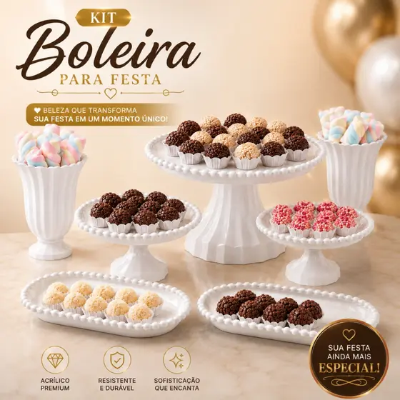 Kit Festa Boleira 7 Peças Para Mesa Provençal Doces Suporte Bolo Bandejas Vasos Eventos Aniversário