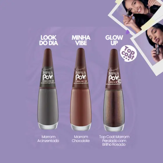 KIT  2 ESMALTES E 1 TOP COAT MARCELA BRAGANÇA IMPALA POV