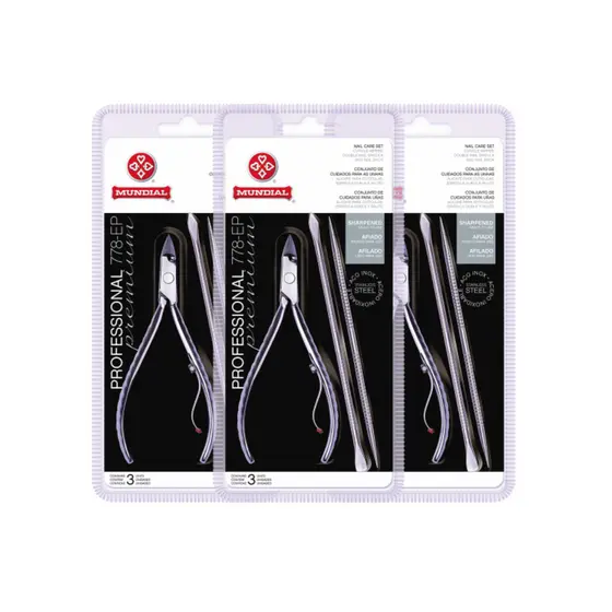 KIT 3 ALICATE CUTICULA 778-EP COM ESPATULA DUPLA E PALITO PROFESSIONAL PREMIUM INOX MUNDIAL