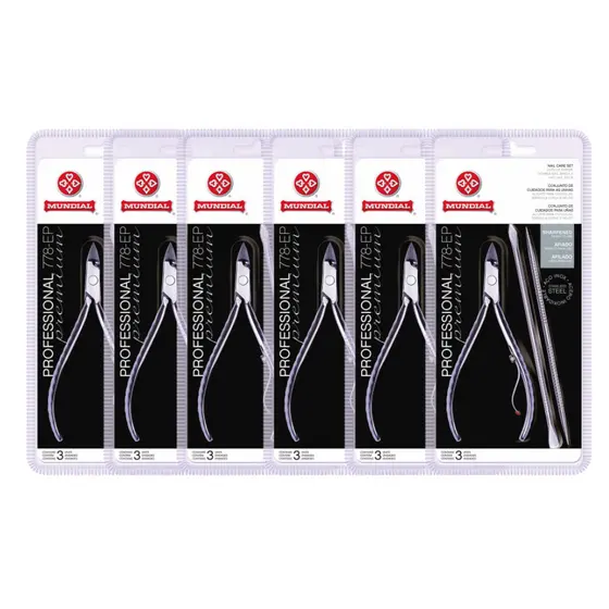 KIT 6 ALICATE CUTICULA 778-EP COM ESPATULA DUPLA E PALITO PROFESSIONAL PREMIUM INOX MUNDIAL