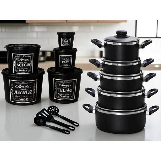 JOGO DE PANELAS com POTE DE MANTIMENTOS e tupperware para Cozinha