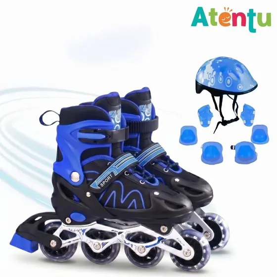 Patins 4 Rodas Infantil Ajustável Roller Inline Kit de Proteção Bolsa Capacete Menina e Menino