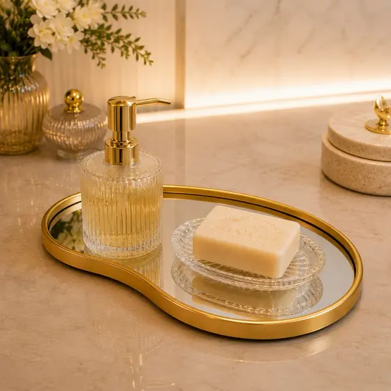 Bandeja Orgânica  Dourada Luxo para Lavabo, Banheiro, Perfumes e Decoração