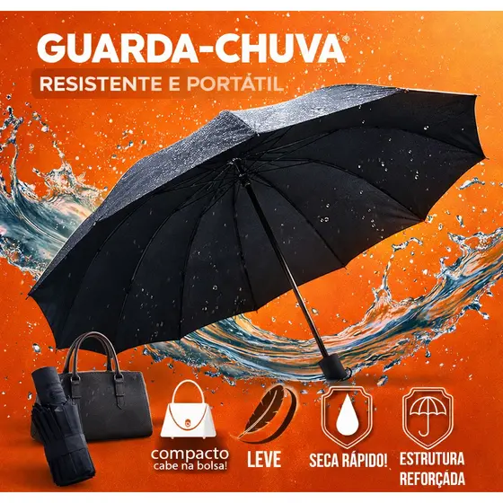 Guarda Chuva Sombrinha Preto Reforçado Resistente 8 Varetas Compacto Bolsa Capa Resiste Vento Forte