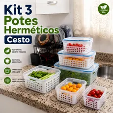 Kit 3 Potes Organizadores Herméticos Geladeira Escorredor Retangular Alimentos Tampa e Trava