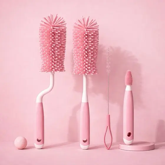 Kit 4 Escova de Mamadeira Silicone 360° Limpeza Completa com Escova de Bico e Canudo