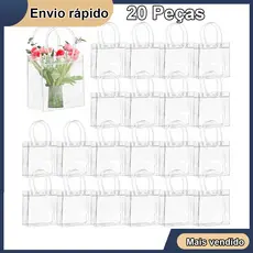 20 unidades de sacola portátil transparente com alça de plástico PVC Bolsa de mão para presente 15x13x7cm