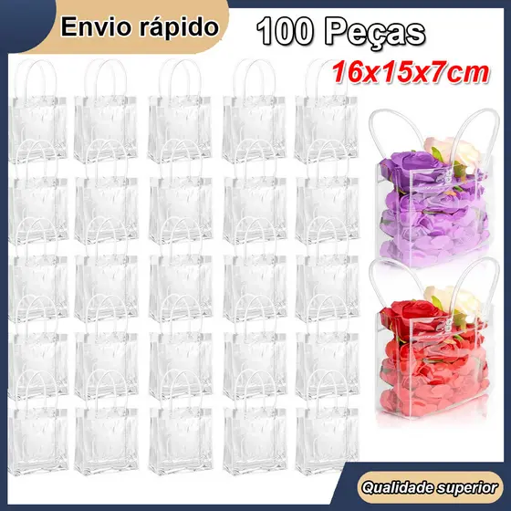 100 peças Bolsa plástica transparente Tote transparente Bolsa de ombro Bolsa de mão Praia Bolsa de presente 16*15*7cm