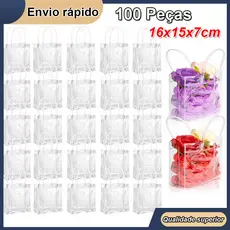 100 peças Bolsa plástica transparente Tote transparente Bolsa de ombro Bolsa de mão Praia Bolsa de presente 16*15*7cm