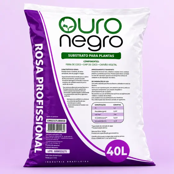 Substrato Rosa do Deserto Ouro Negro 40L Profissional Fibra de Coco Carvão Vegetal