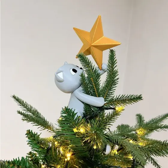 Ponteira Estrela Árvore de Natal com Gato Escalando em 3D - Decoração Natal Divertida