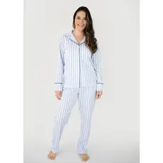 Pijama Americano Longo Feminino Algodão Amamentação e Pós- Cirúrgico- Listrado Azul