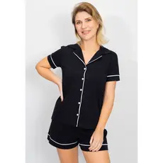 Pijama Feminino Americano Manga Curta Botões Frente Algodão Pós-Cirúrgico Amamentação Verão - Preto