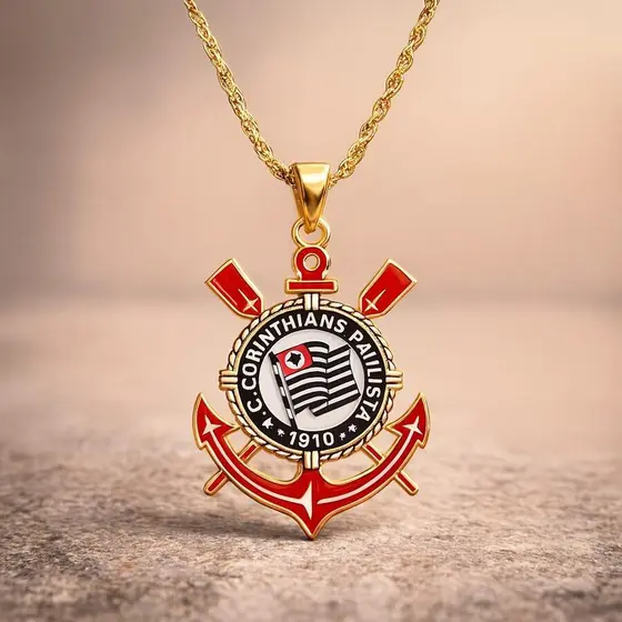 Colar Escudo Corinthians esmaltado Time Aço Inox Prata Corrente Simples Resistente Não Escurece