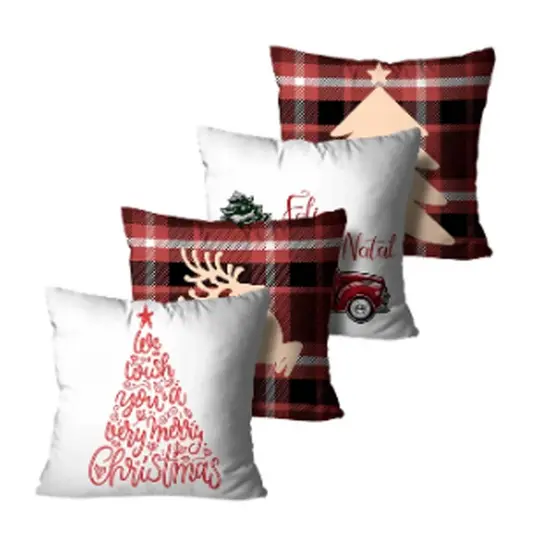 Kit com 4 Capas de Almofadas Feliz Natal Branco e Bordo