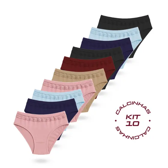 Kit 10 Calcinhas de Renda em Microfibra Forro 100% Algodão Conforto Tanga Premium Feminina