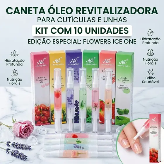 Kit 10 Unidades ou 5 Unidades Canetas Óleo Hidratante de Cutícula C/ Flowers Ice One