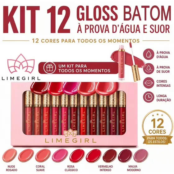 【LIMEGIRL】Kit 12 peças  Lip Gloss Cremoso Batom tons nude, hidratante, maquiagem labial  longa duração de 24 horas