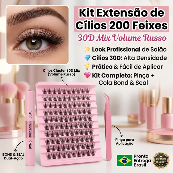 Kit Extensão de Cílios 200 Feixes30D Mix Volume Russo com Pinça e Cola Profissional com Pinça e Cola