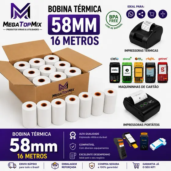 Bobina Térmica 58x16 Para mini Impressoras, Maquininhas de Cartão e Impressoras Portáteis