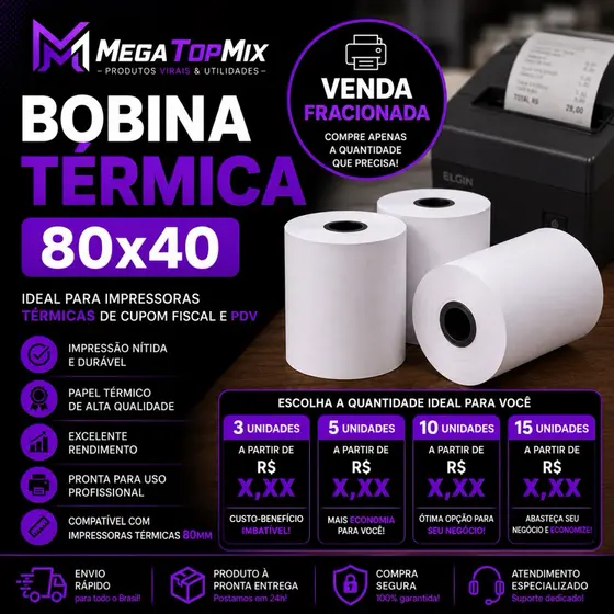 Kit Bobina Térmica 80x40  Para impressoras térmicas de cupom fiscal, PDV e sistemas comerciais.
