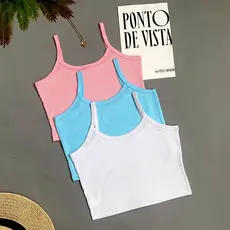 KIT3 Feminino Cropped Top De Alcinha Simples básico Malha Canelada Várias Cores Brilhantes