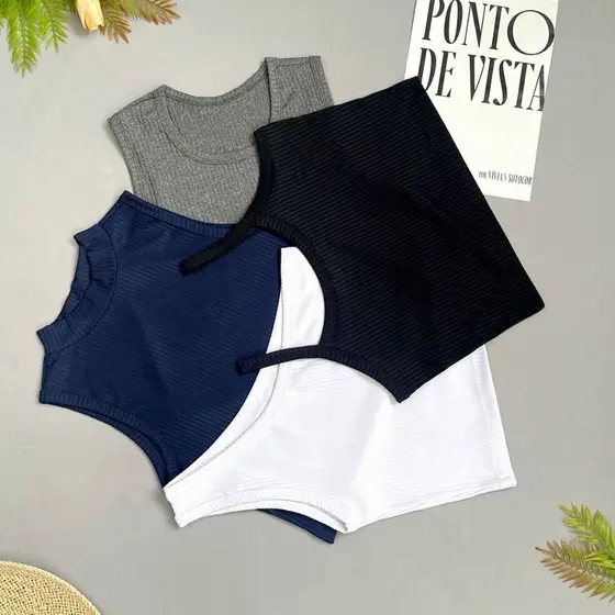 KIT4 CANDY MODA Regata Feminina Canelada Básica – Blusa Cropped Sem Manga, Estilo Casual