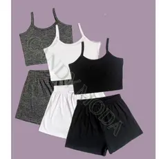 KIT3 Conjunto de Verão –Canelado  Top Cropped Alcinha e Shorts Feminino
