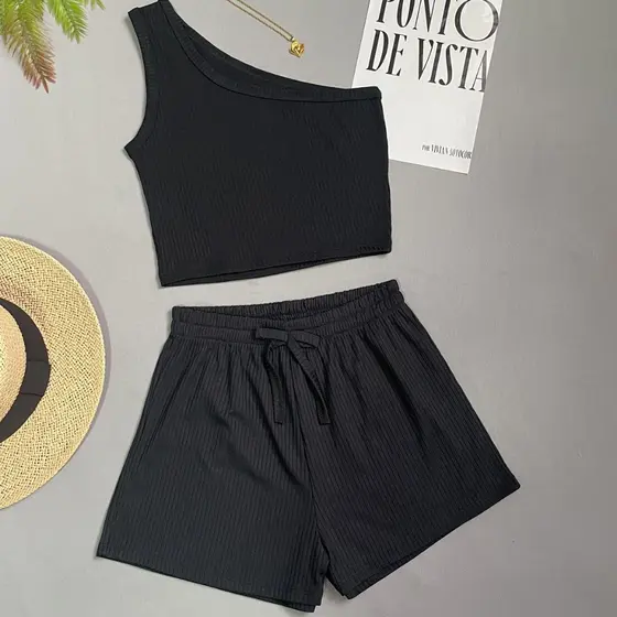 Blusinha Conjunto  Feminina Cropped  Canelada Blusa de um ombro só +Short Curto