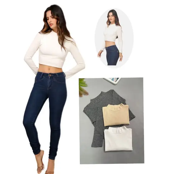 KIT3 Candy Moda Blusa Feminina Canelada de Gola Alta Manga Longa- Cropped Ajustada