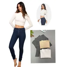 KIT3 Candy Moda Blusa Feminina Canelada de Gola Alta Manga Longa- Cropped Ajustada