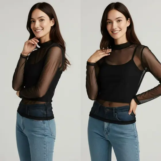 KIT2 Blusa Feminina Tule Transparente  Gola Alta Casual Elegante