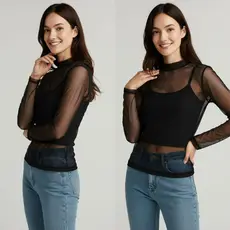 KIT2 Blusa Feminina Tule Transparente  Gola Alta Casual Elegante