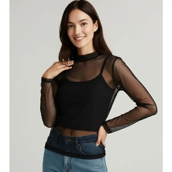 Blusa de Tule Feminina com Gola Alta e Manga Curtas ou  Manga Longa  Transparente e Elegante