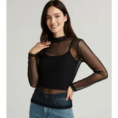 Blusa de Tule Feminina com Gola Alta e Manga Curtas ou  Manga Longa  Transparente e Elegante