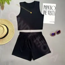 Conjunto Feminino Cropped e Short Canelado Confortável Moda Verão Casual