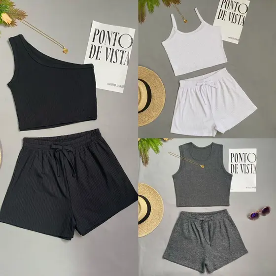 KIT3 Conjunto Feminino Casual – Top Cropped + Shorts – Cores Variadas